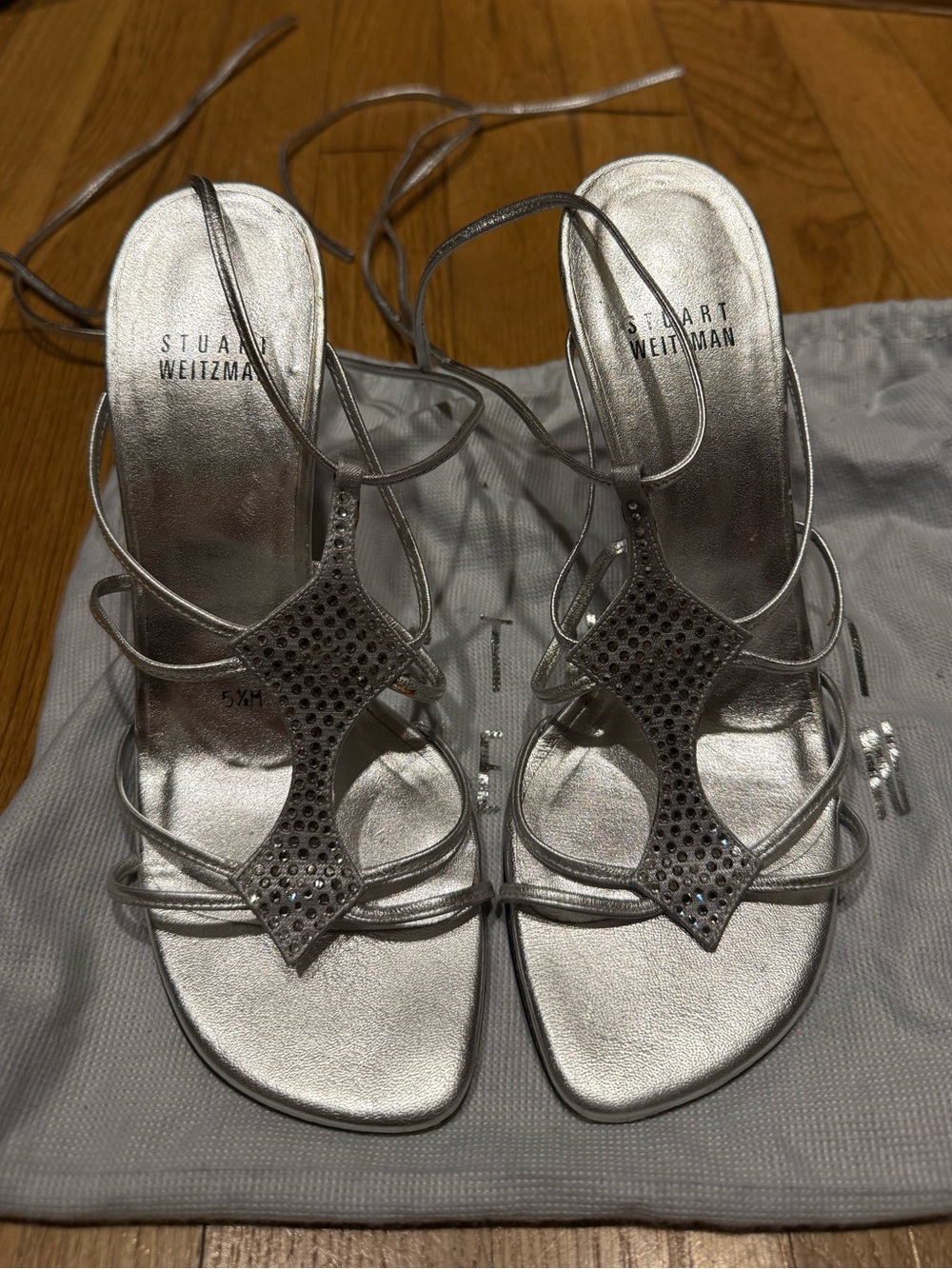 Stuart Weitzman Silver Crystal-Strap Lace-Up Heels